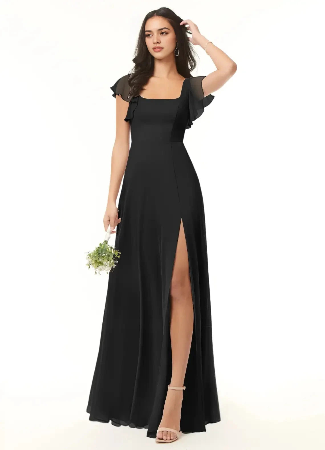 Black Square Neck Chiffon Flutter Sleeve Maxi Dress with Side Slit Black A-Line Ruffled Chiffon Dress Bridesmaid Dresses by YiHuiw