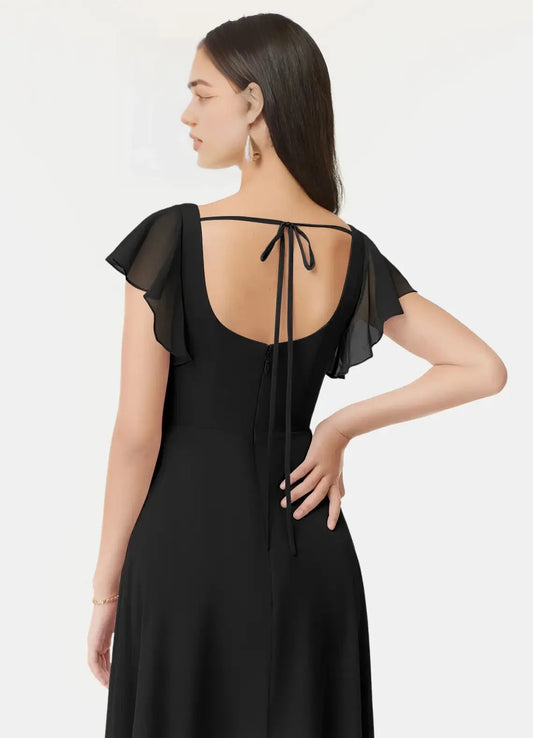 Black Square Neck Chiffon Flutter Sleeve Maxi Dress with Side Slit Black A-Line Ruffled Chiffon Dress Bridesmaid Dresses by YiHuiw