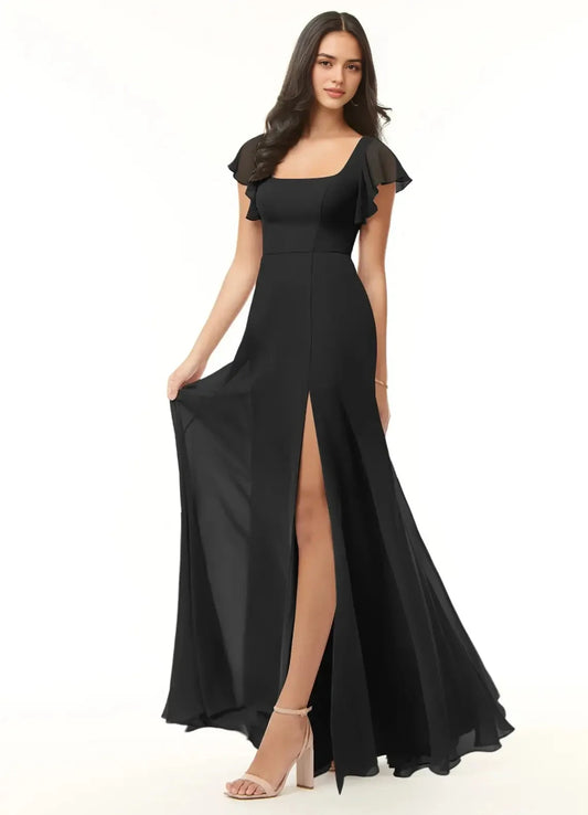 Black Square Neck Chiffon Flutter Sleeve Maxi Dress with Side Slit Black A-Line Ruffled Chiffon Dress Bridesmaid Dresses by YiHuiw