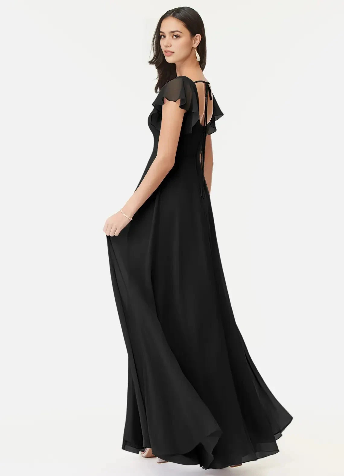 Black Square Neck Chiffon Flutter Sleeve Maxi Dress with Side Slit Black A-Line Ruffled Chiffon Dress Bridesmaid Dresses by YiHuiw