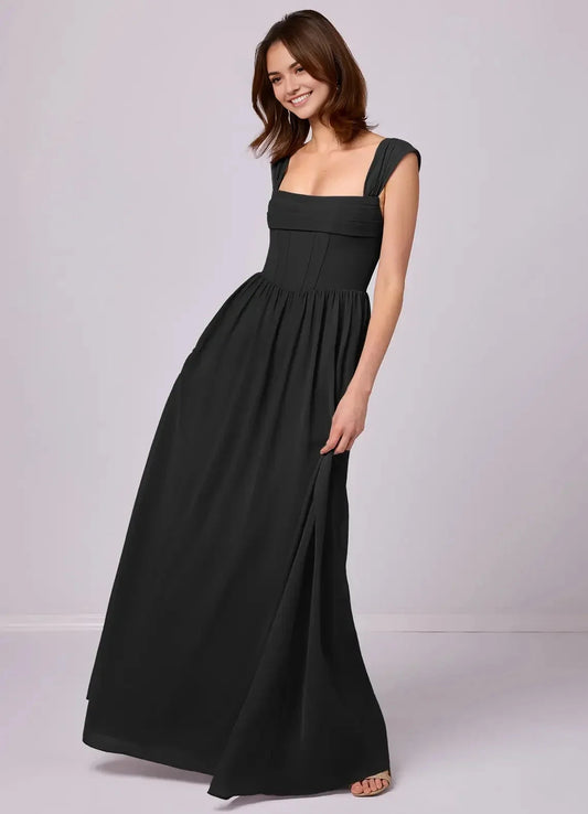 Black Satin Square Neck Maxi Dress with Ruffled Side Slit and Corset Back Black A-Line Sweetheart Neckline Stretch Satin Dress Bridesmaid Dresses by YiHuiw