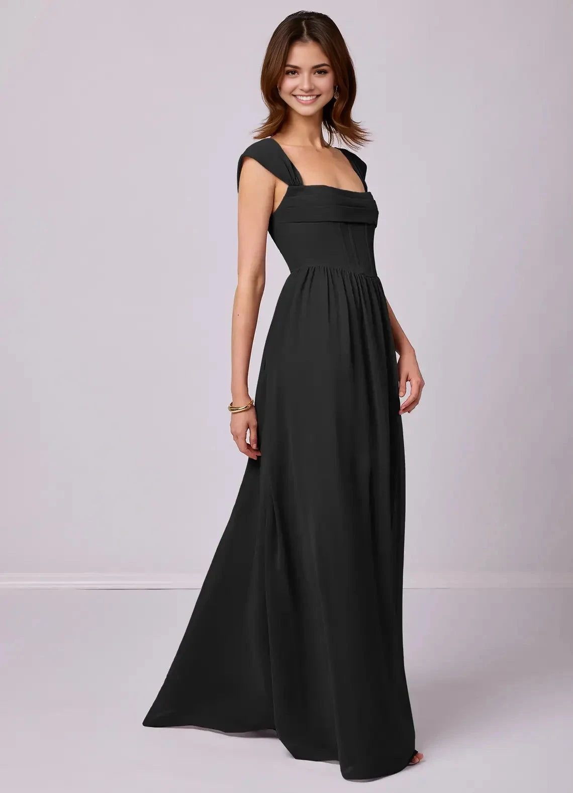 Black Satin Square Neck Maxi Dress with Ruffled Side Slit and Corset Back Black A-Line Sweetheart Neckline Stretch Satin Dress Bridesmaid Dresses by YiHuiw