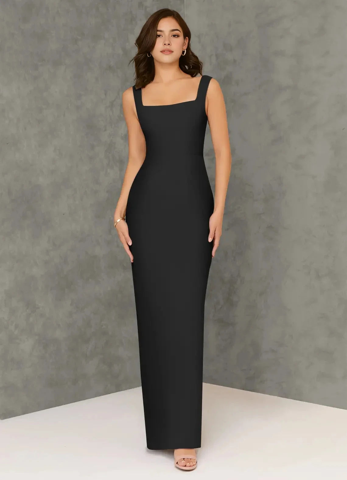 Black Square Neck Maxi Dress with Cutout Back Sheath Square Neckline Chiffon Dress Bridesmaid Dresses by YiHuiw
