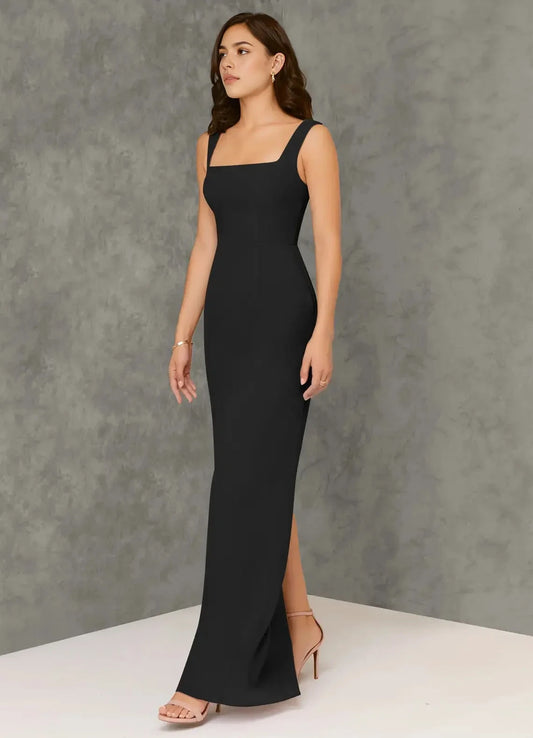 Black Square Neck Maxi Dress with Cutout Back Sheath Square Neckline Chiffon Dress Bridesmaid Dresses by YiHuiw