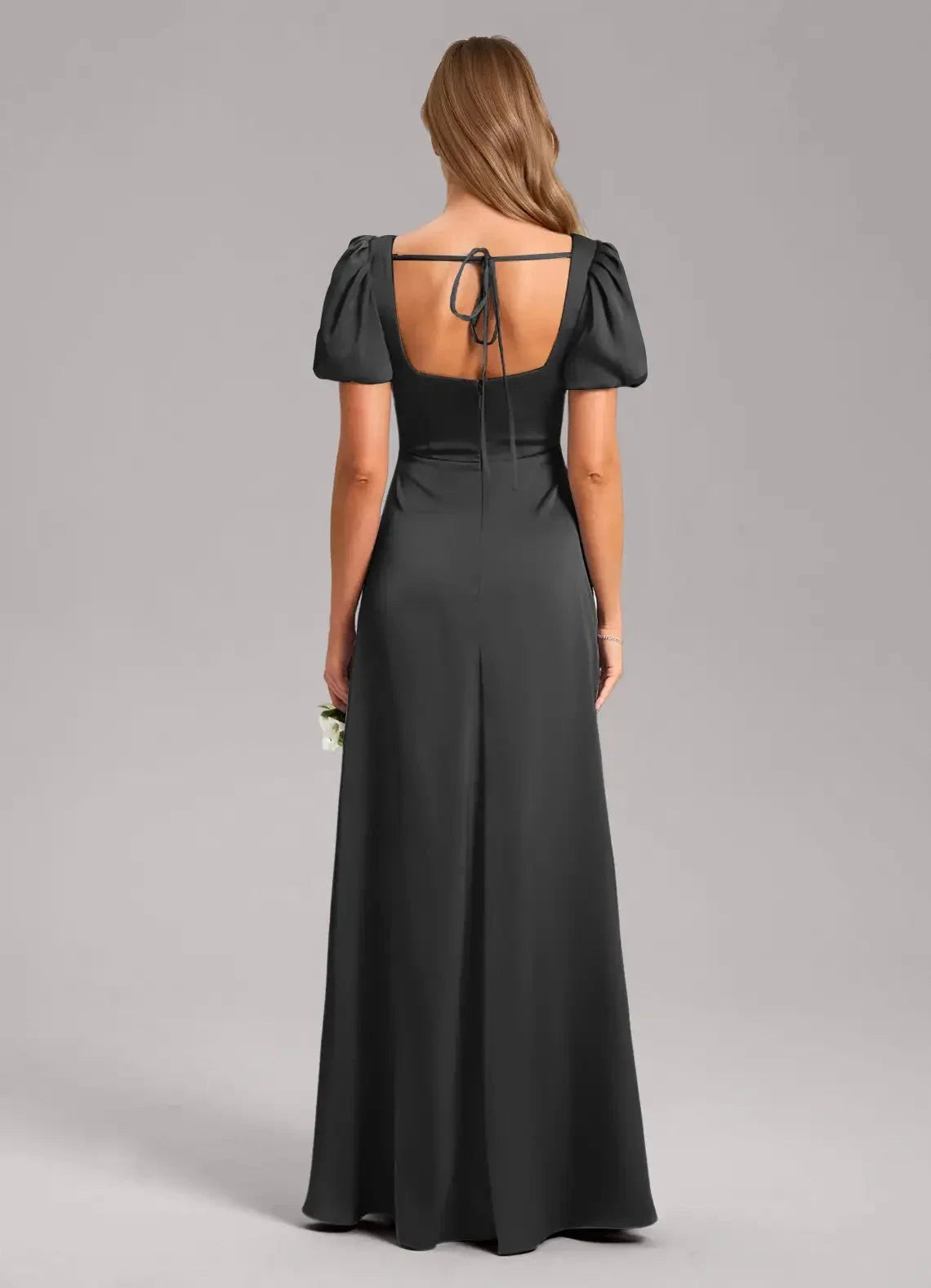 Black Square Neck Maxi Dress with Puff Sleeves and Side Slit A-Line Pleated Stretch Satin Dress Bridesmaid Dresses by YiHuiw