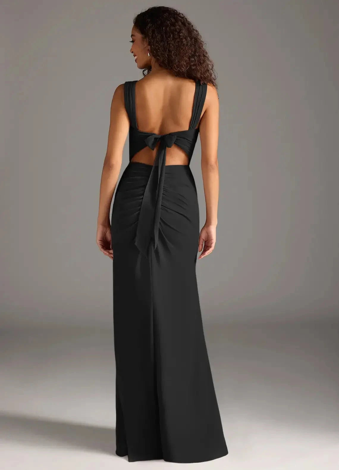 Black Square Neck Maxi Dress with Side Slit and Open Back Bow Black Sheath Bow Chiffon Dress Bridesmaid Dresses by YiHuiw