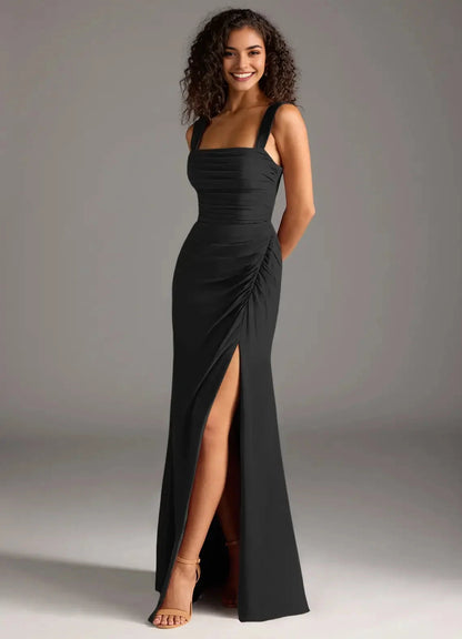 Black Square Neck Maxi Dress with Side Slit and Open Back Bow Black Sheath Bow Chiffon Dress Bridesmaid Dresses by YiHuiw