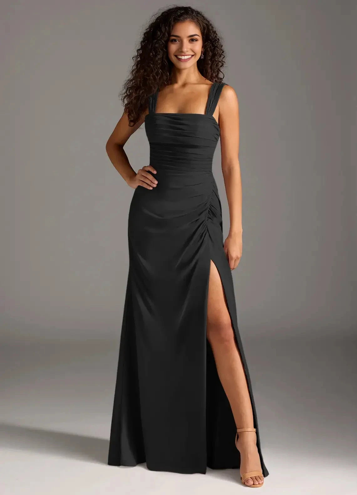 Black Square Neck Maxi Dress with Side Slit and Open Back Bow Black Sheath Bow Chiffon Dress Bridesmaid Dresses by YiHuiw
