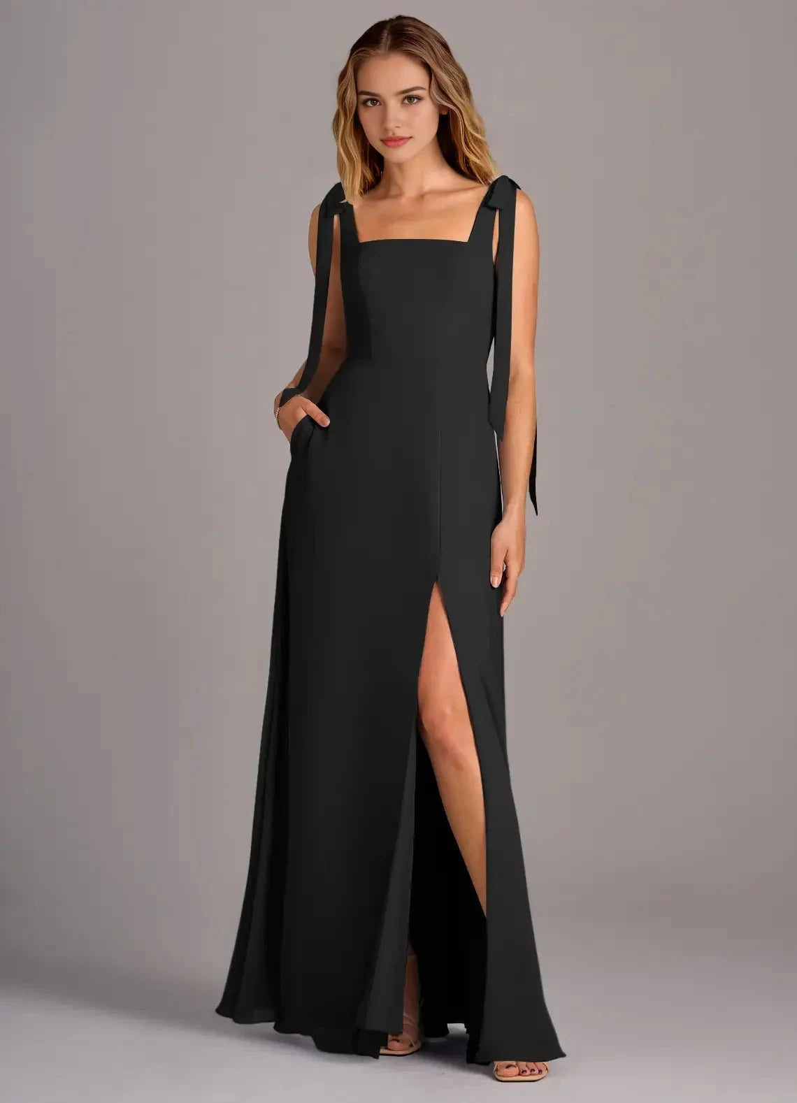 Square Neck Maxi Dress with Tie Straps and Side Slit Black A-Line with Pockets Chiffon Convertible Dress Bridesmaid Dresses by YiHuiw