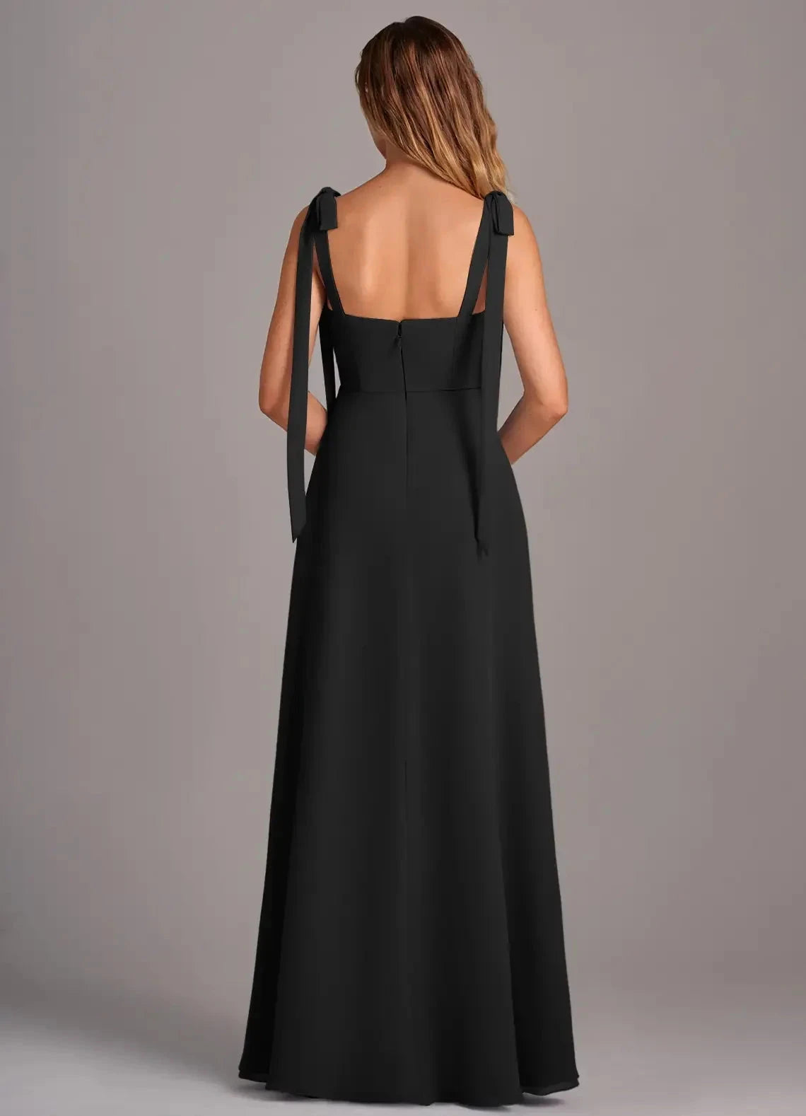 Square Neck Maxi Dress with Tie Straps and Side Slit Black A-Line with Pockets Chiffon Convertible Dress Bridesmaid Dresses by YiHuiw