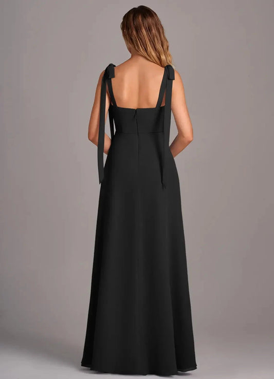 Square Neck Maxi Dress with Tie Straps and Side Slit Black A-Line with Pockets Chiffon Convertible Dress Bridesmaid Dresses by YiHuiw