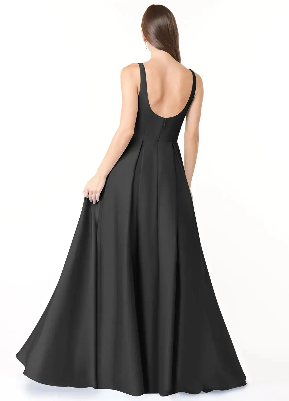 Black Square Neck Open Back Ball Gown with Pockets Ball-Gown with Pockets Stretch Satin Bridesmaid Dresses by YiHuiw