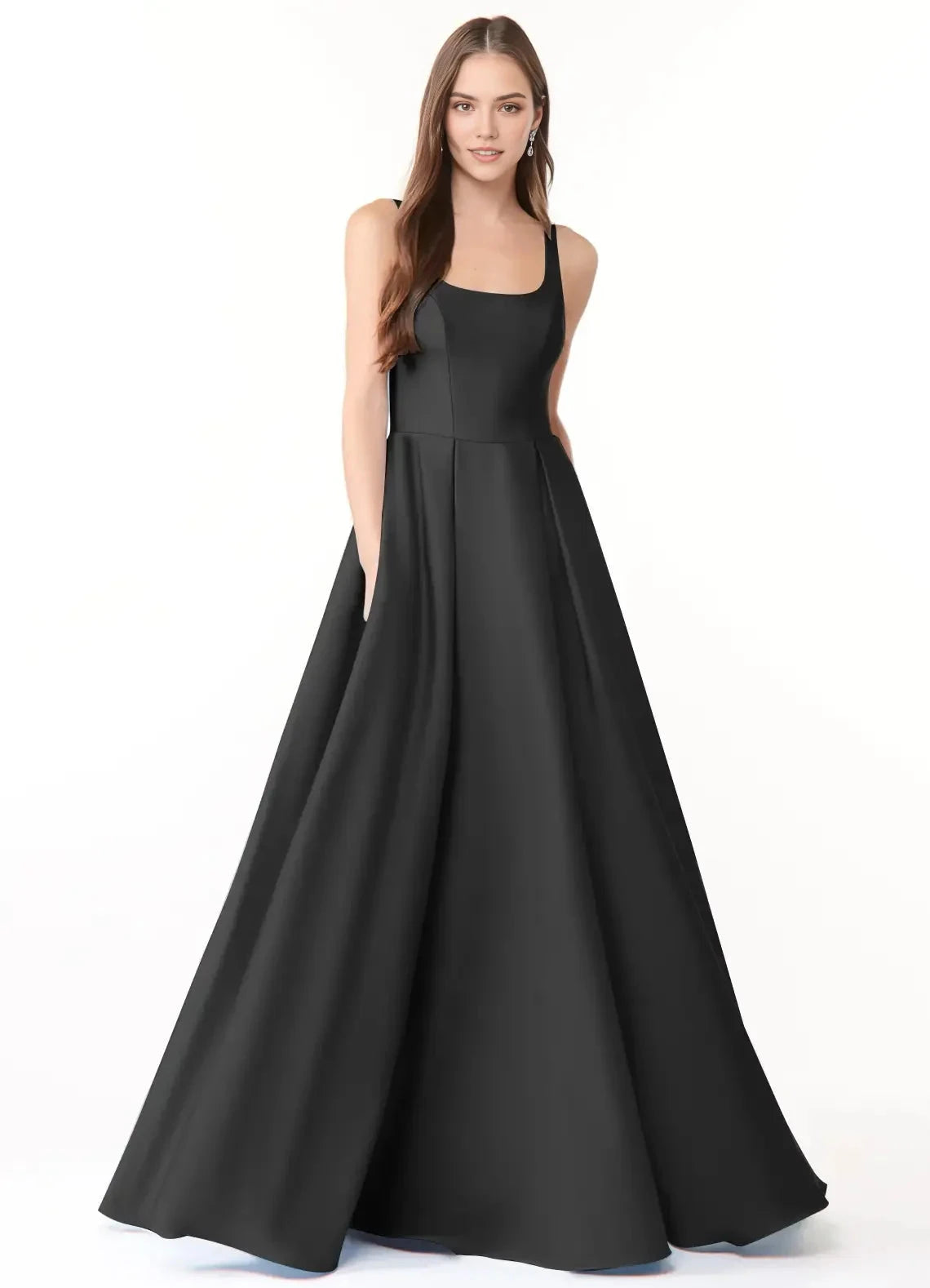 Black Square Neck Open Back Ball Gown with Pockets Ball-Gown with Pockets Stretch Satin Bridesmaid Dresses by YiHuiw
