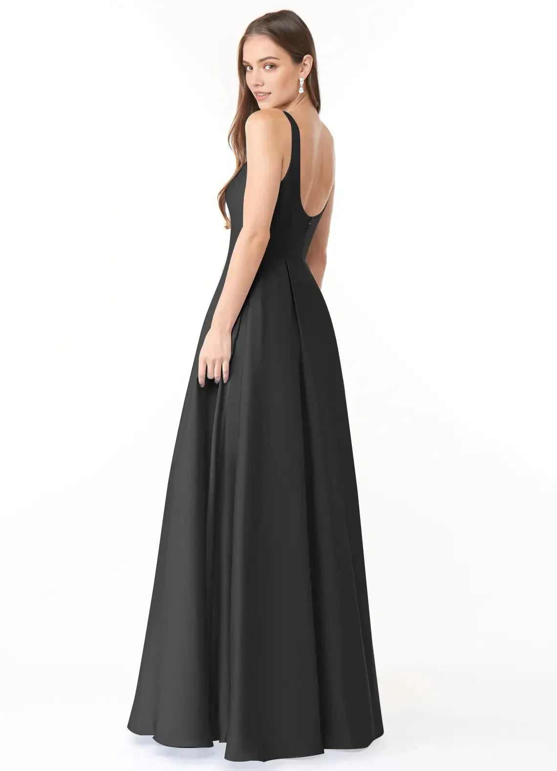 Black Square Neck Open Back Ball Gown with Pockets Ball-Gown with Pockets Stretch Satin Bridesmaid Dresses by YiHuiw