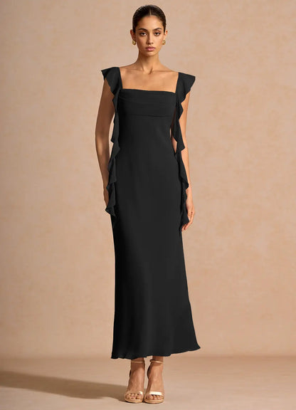 Black Mermaid Square Neck Ruffled Midi Wedding Dress - Yihuiw by Yihuiw