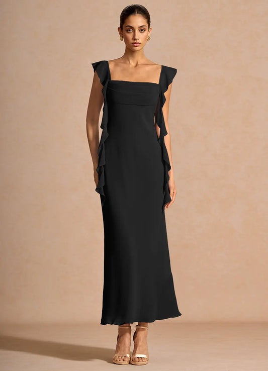 Black Mermaid Square Neck Ruffled Midi Wedding Dress - Yihuiw by Yihuiw