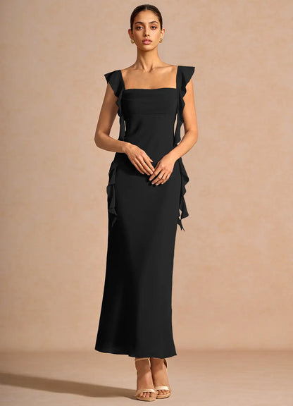 Black Mermaid Square Neck Ruffled Midi Wedding Dress - Yihuiw by Yihuiw