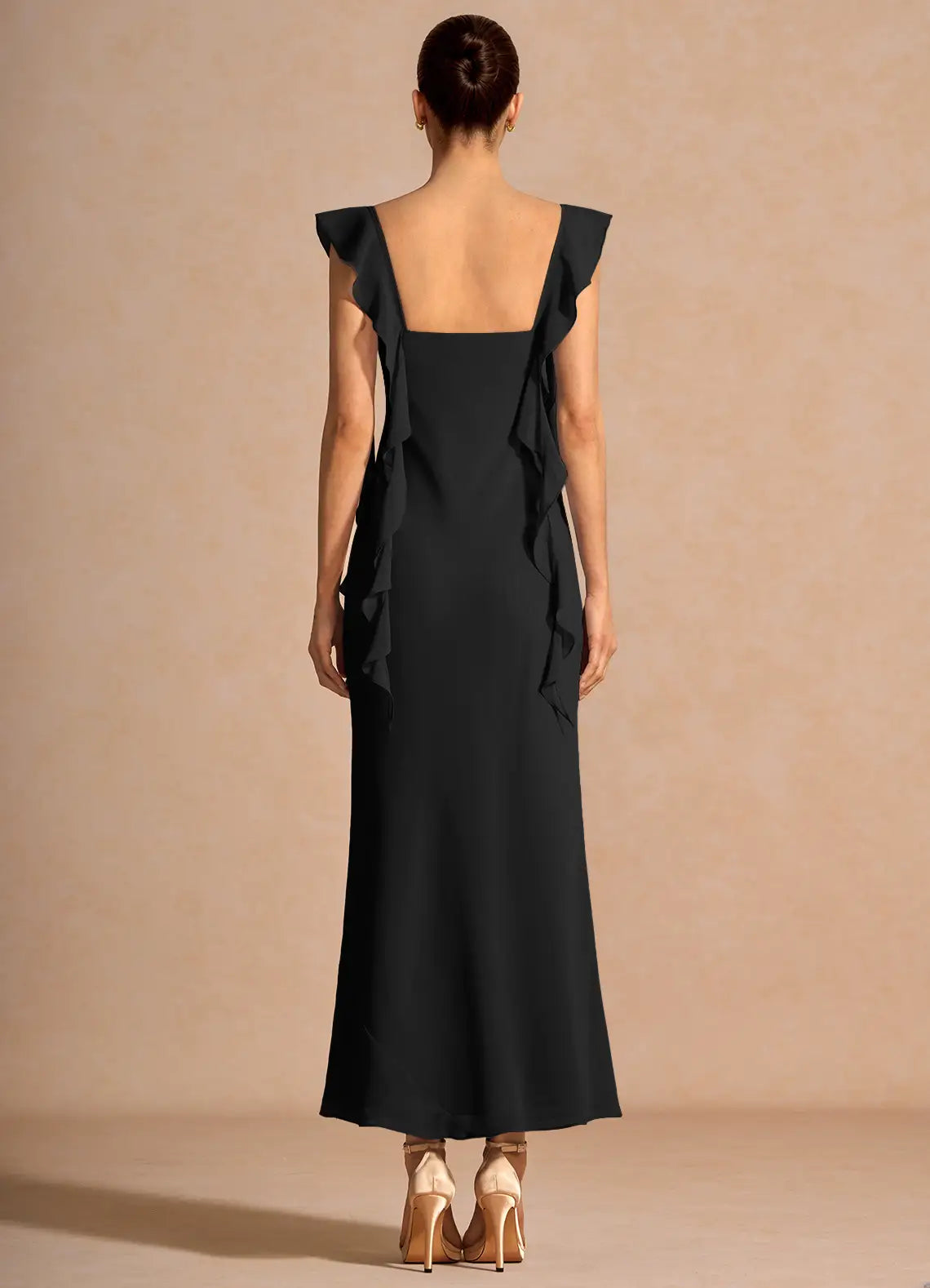 Black Mermaid Square Neck Ruffled Midi Wedding Dress - Yihuiw by Yihuiw