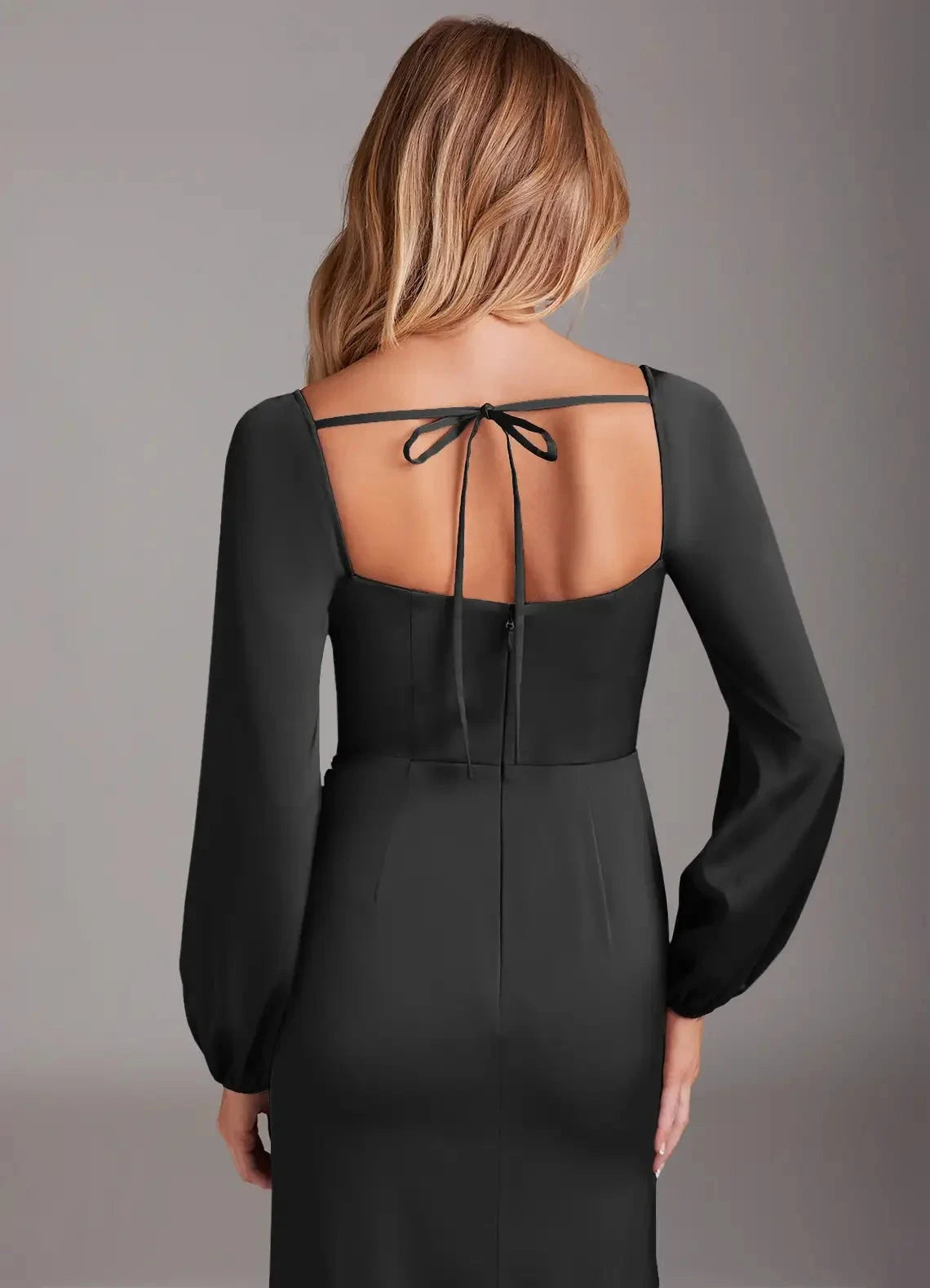 Black Square Neck Satin Maxi Dress with Long Sleeves and Side Slit Bridesmaid Dresses by YiHuiw