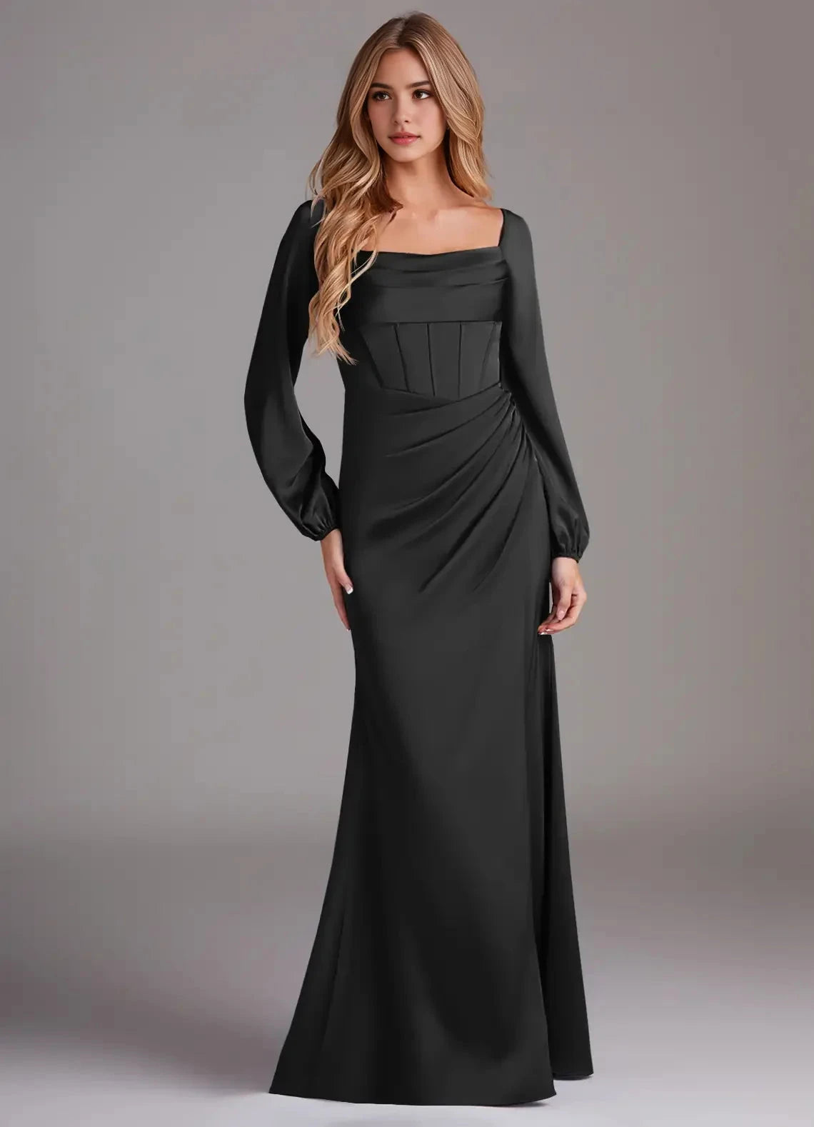 Black Square Neck Satin Maxi Dress with Long Sleeves and Side Slit Bridesmaid Dresses by YiHuiw