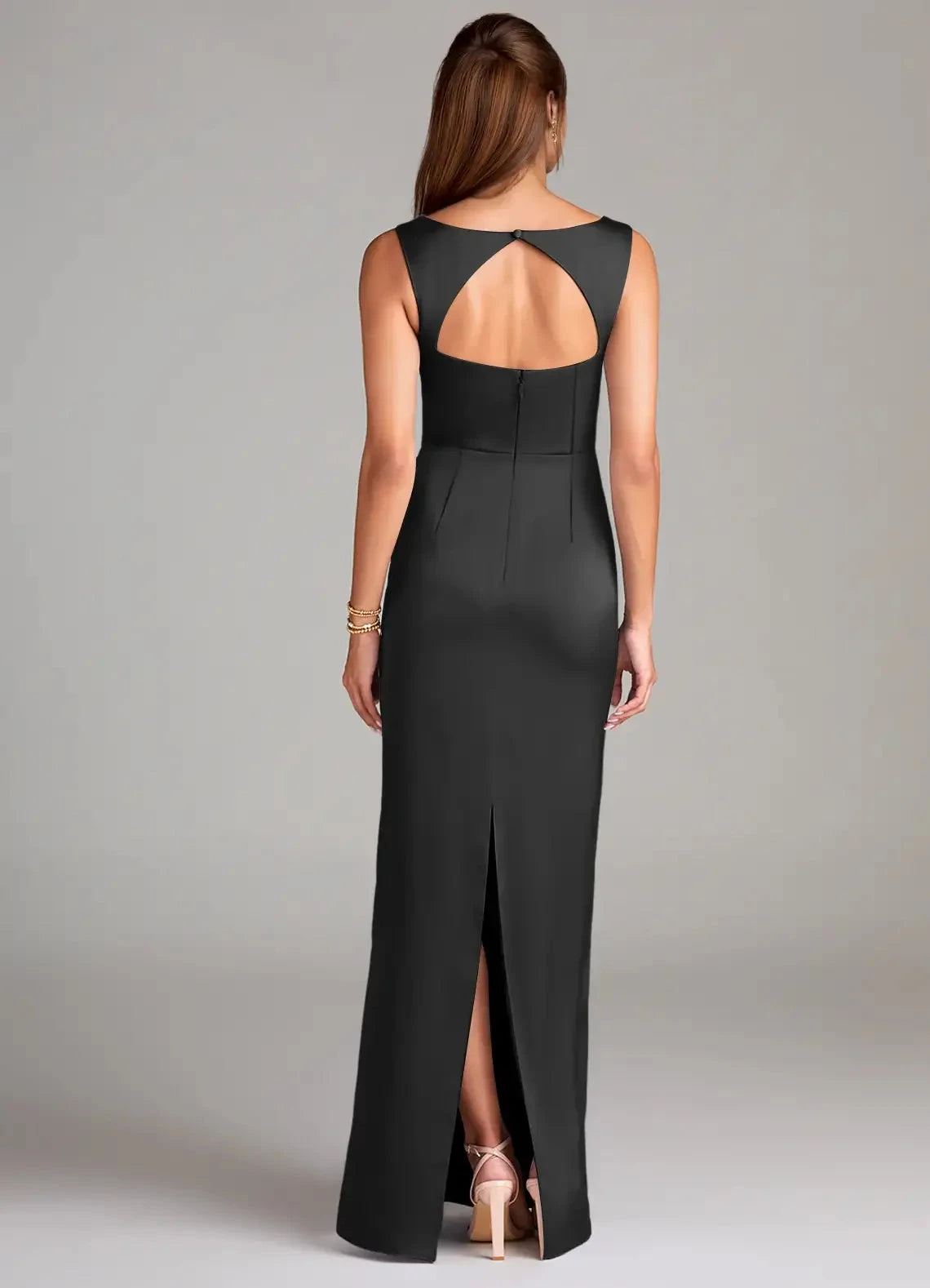 Black Square Neck Satin Maxi Dress with Open Back and Side Slit Sheath Side Slit Stretch Satin Dress Bridesmaid Dresses by YiHuiw