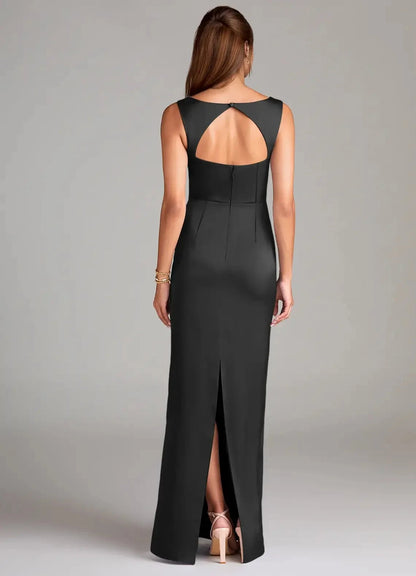 Black Square Neck Satin Maxi Dress with Open Back and Side Slit Sheath Side Slit Stretch Satin Dress Bridesmaid Dresses by YiHuiw