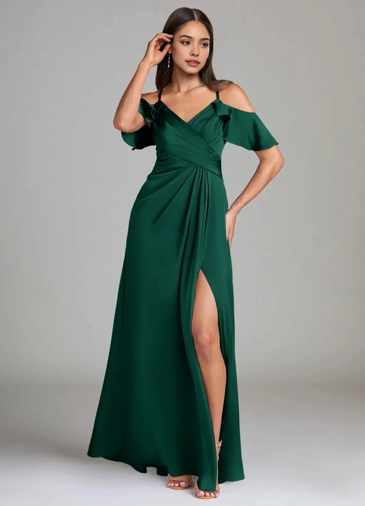 Emerald Green Cold-Shoulder Maxi Dress with Side Slit A-Line Off the Shoulder Stretch Satin Dress Bridesmaid Dresses by YiHuiw