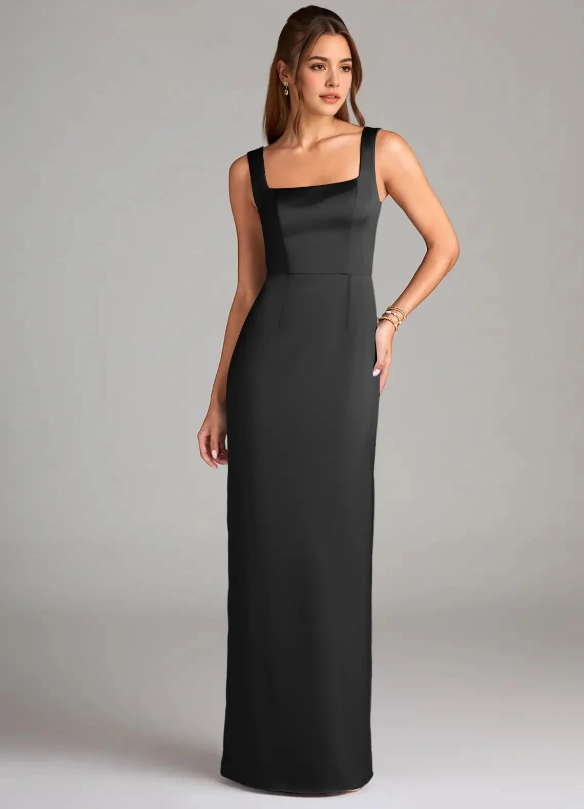 Black Square Neck Satin Maxi Dress with Open Back and Side Slit Sheath Side Slit Stretch Satin Dress Bridesmaid Dresses by YiHuiw