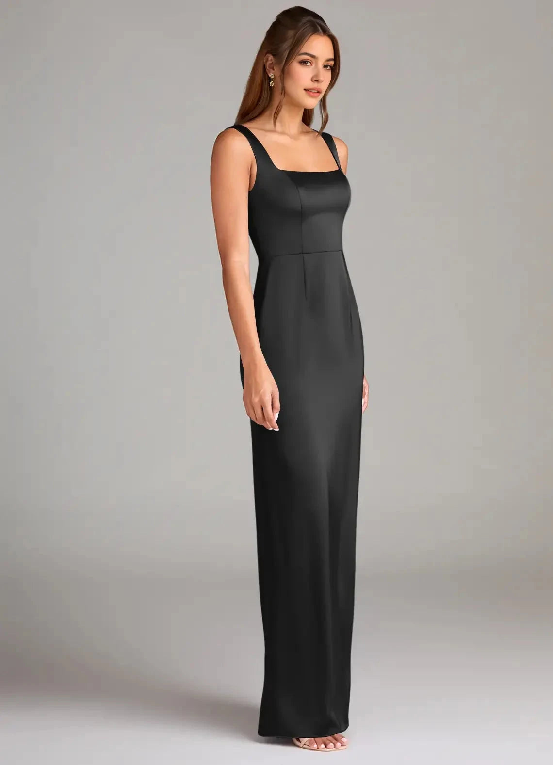 Black Square Neck Satin Maxi Dress with Open Back and Side Slit Sheath Side Slit Stretch Satin Dress Bridesmaid Dresses by YiHuiw