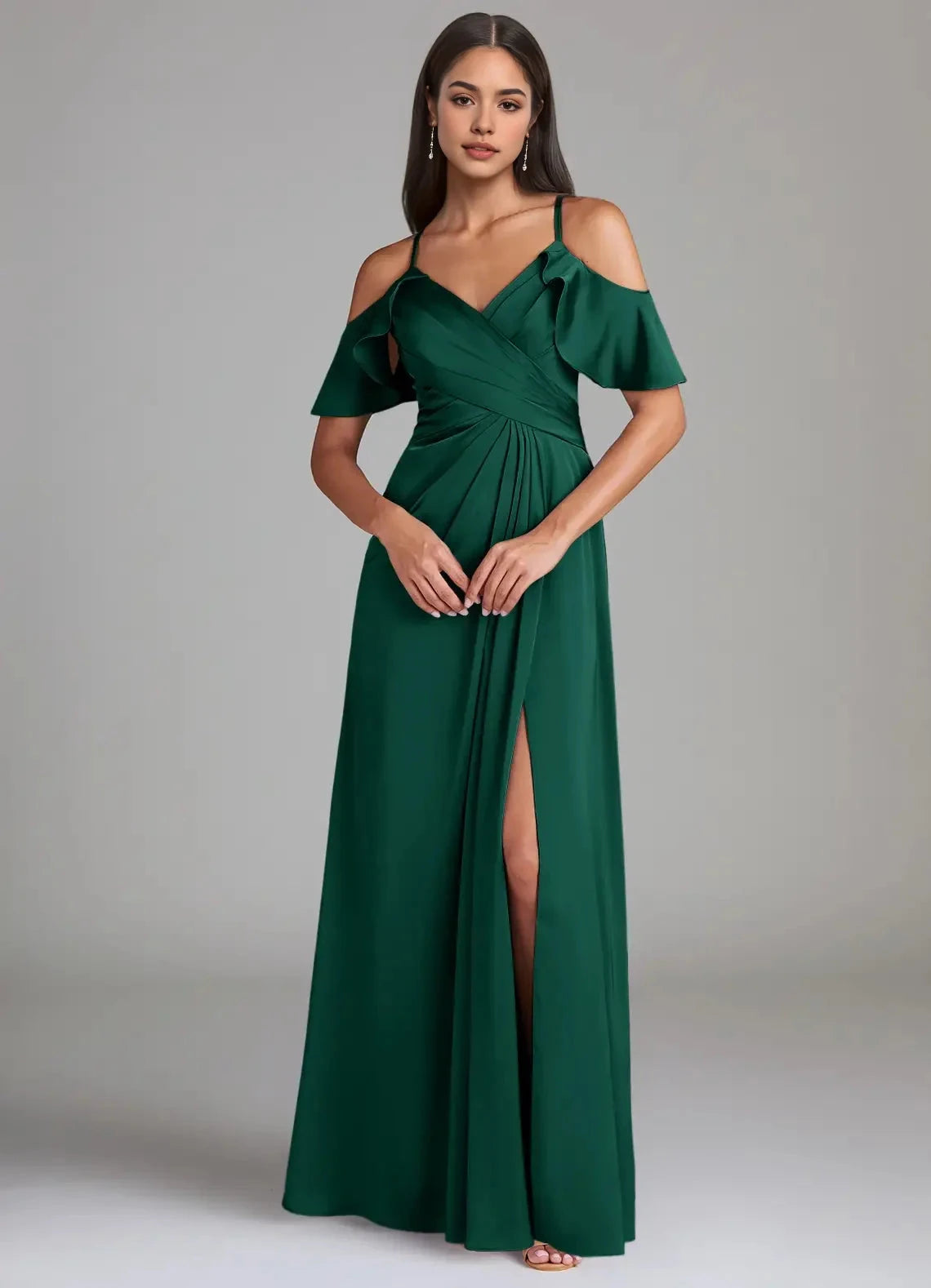Emerald Green Cold-Shoulder Maxi Dress with Side Slit A-Line Off the Shoulder Stretch Satin Dress Bridesmaid Dresses by YiHuiw