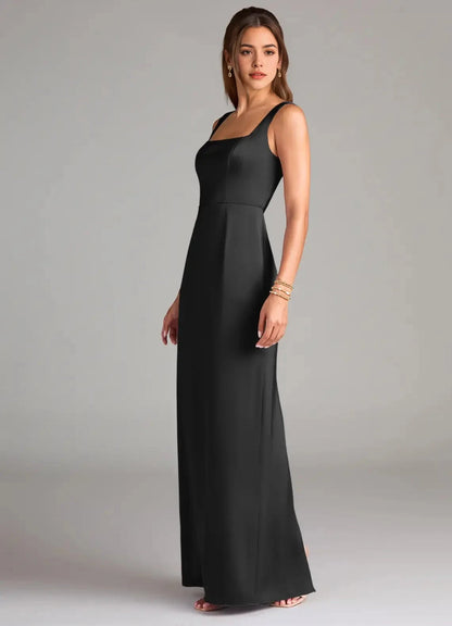 Black Square Neck Satin Maxi Dress with Open Back and Side Slit Sheath Side Slit Stretch Satin Dress Bridesmaid Dresses by YiHuiw