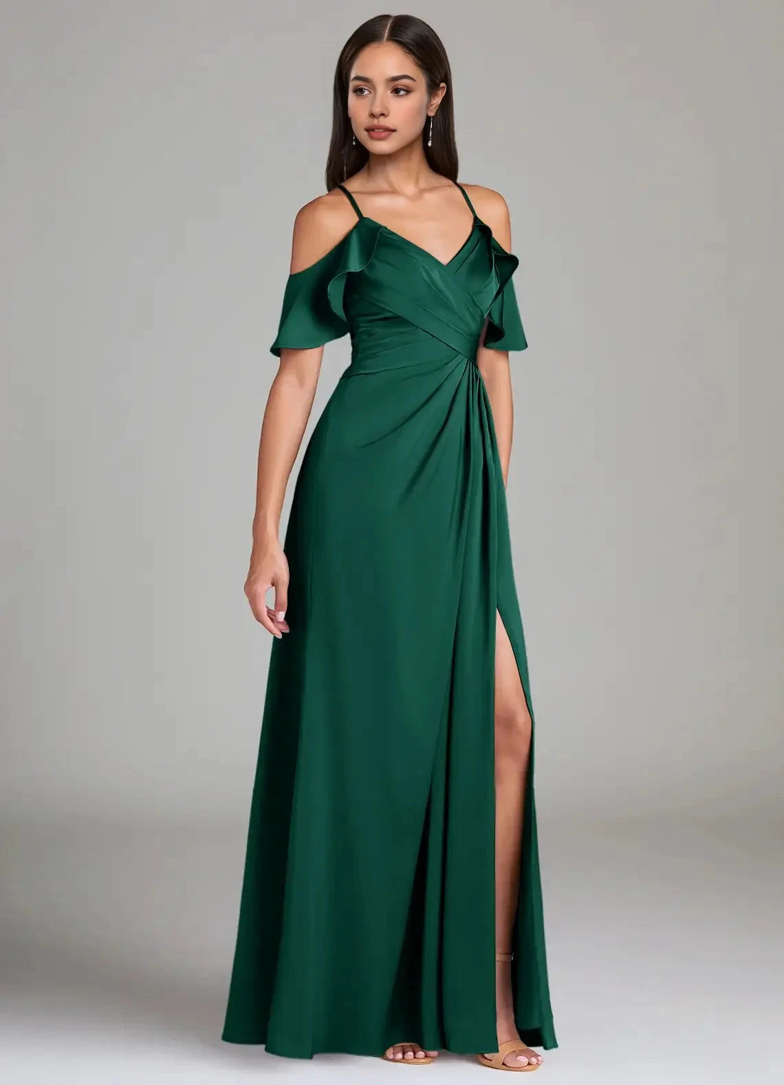 Emerald Green Cold-Shoulder Maxi Dress with Side Slit A-Line Off the Shoulder Stretch Satin Dress Bridesmaid Dresses by YiHuiw