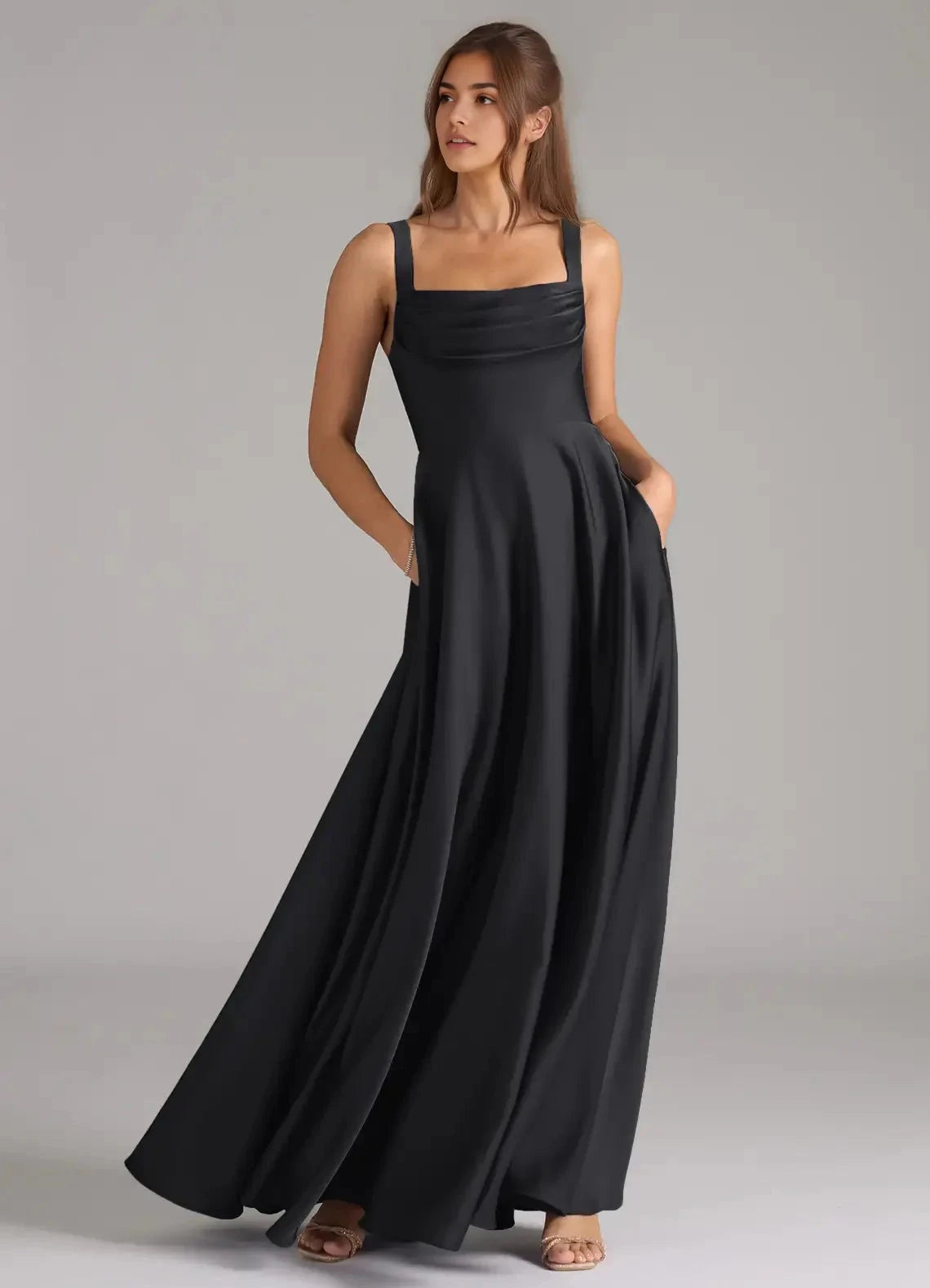 Sage Green V-Neck Chiffon Maxi Dress with Open Back Black A-Line Pleated Stretch Satin Dress Bridesmaid Dresses by YiHuiw