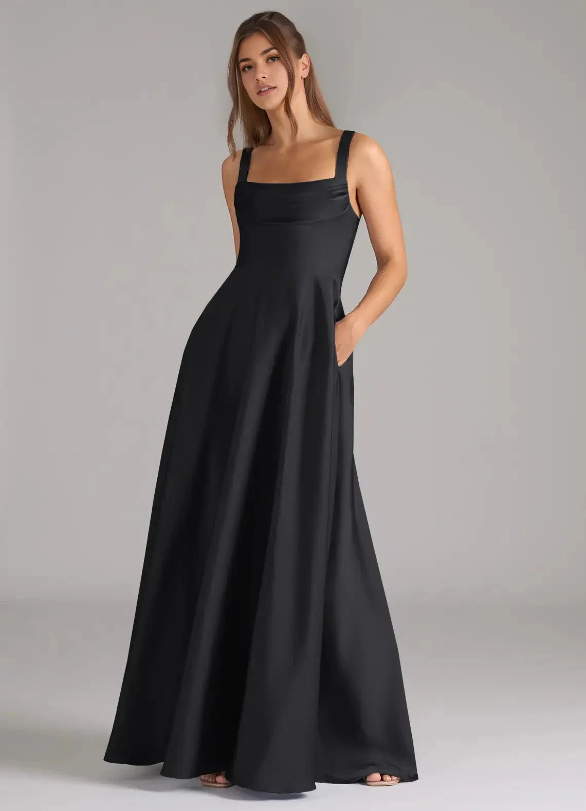 Sage Green V-Neck Chiffon Maxi Dress with Open Back Black A-Line Pleated Stretch Satin Dress Bridesmaid Dresses by YiHuiw