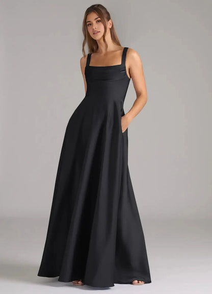 Sage Green V-Neck Chiffon Maxi Dress with Open Back Black A-Line Pleated Stretch Satin Dress Bridesmaid Dresses by YiHuiw