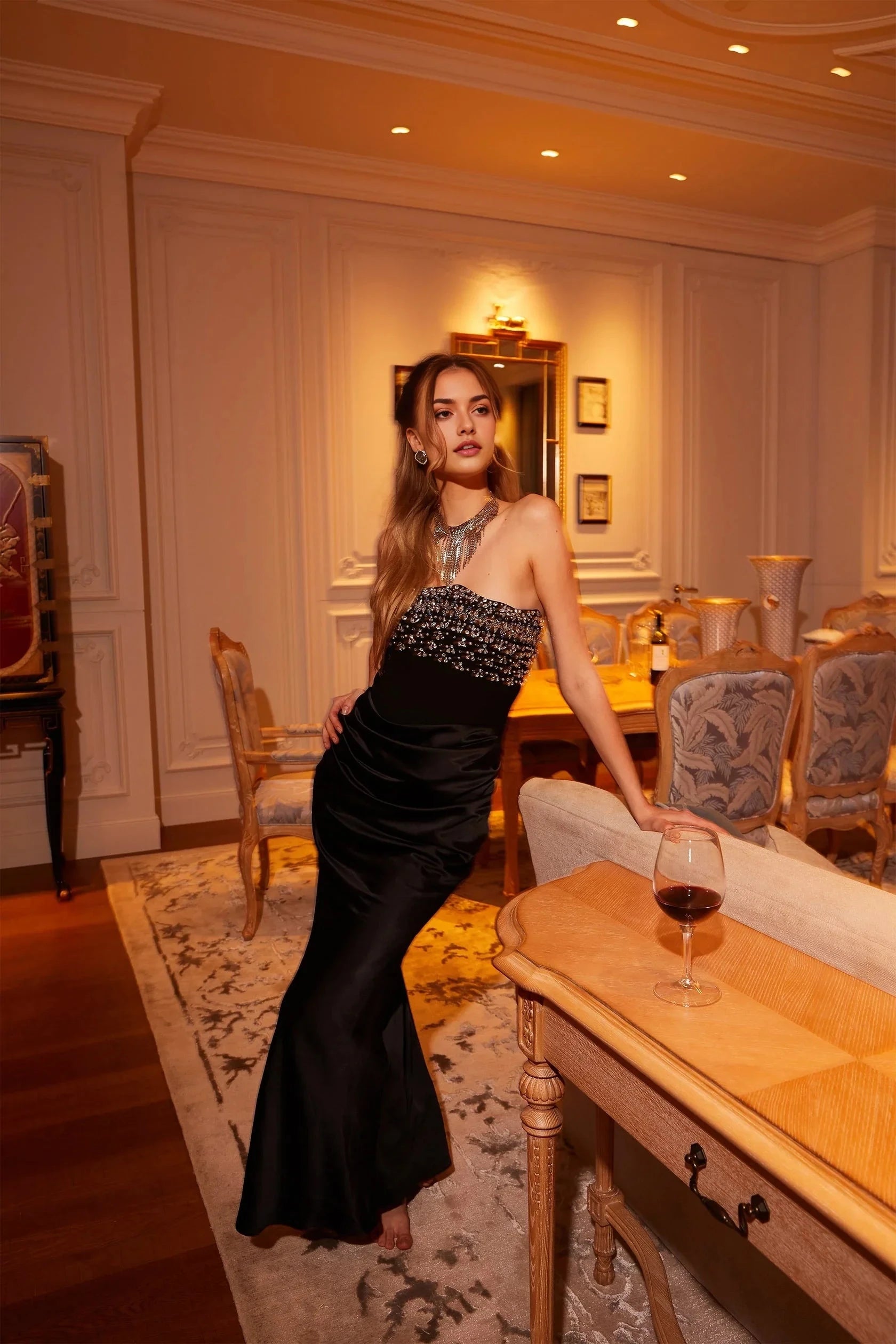 Black Strapless Beaded Mermaid Maxi Dress Aurore Crystal Embellished Maxi Dress Evening Dress by YiHuiw