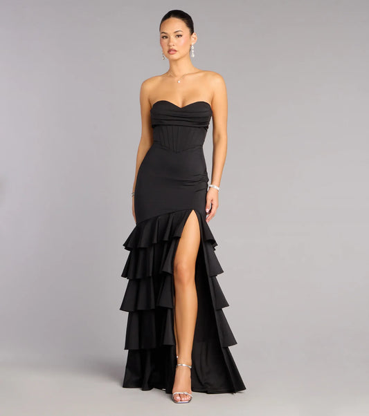 Black Mermaid Strapless Lace Lace-Up Back High Slit Floor-Length Wedding Dress - Yihuiw by Yihuiw