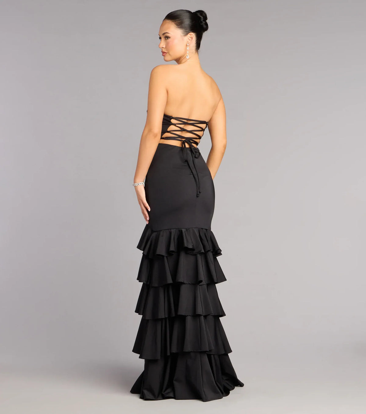 Black Mermaid Strapless Lace Lace-Up Back High Slit Floor-Length Wedding Dress - Yihuiw by Yihuiw