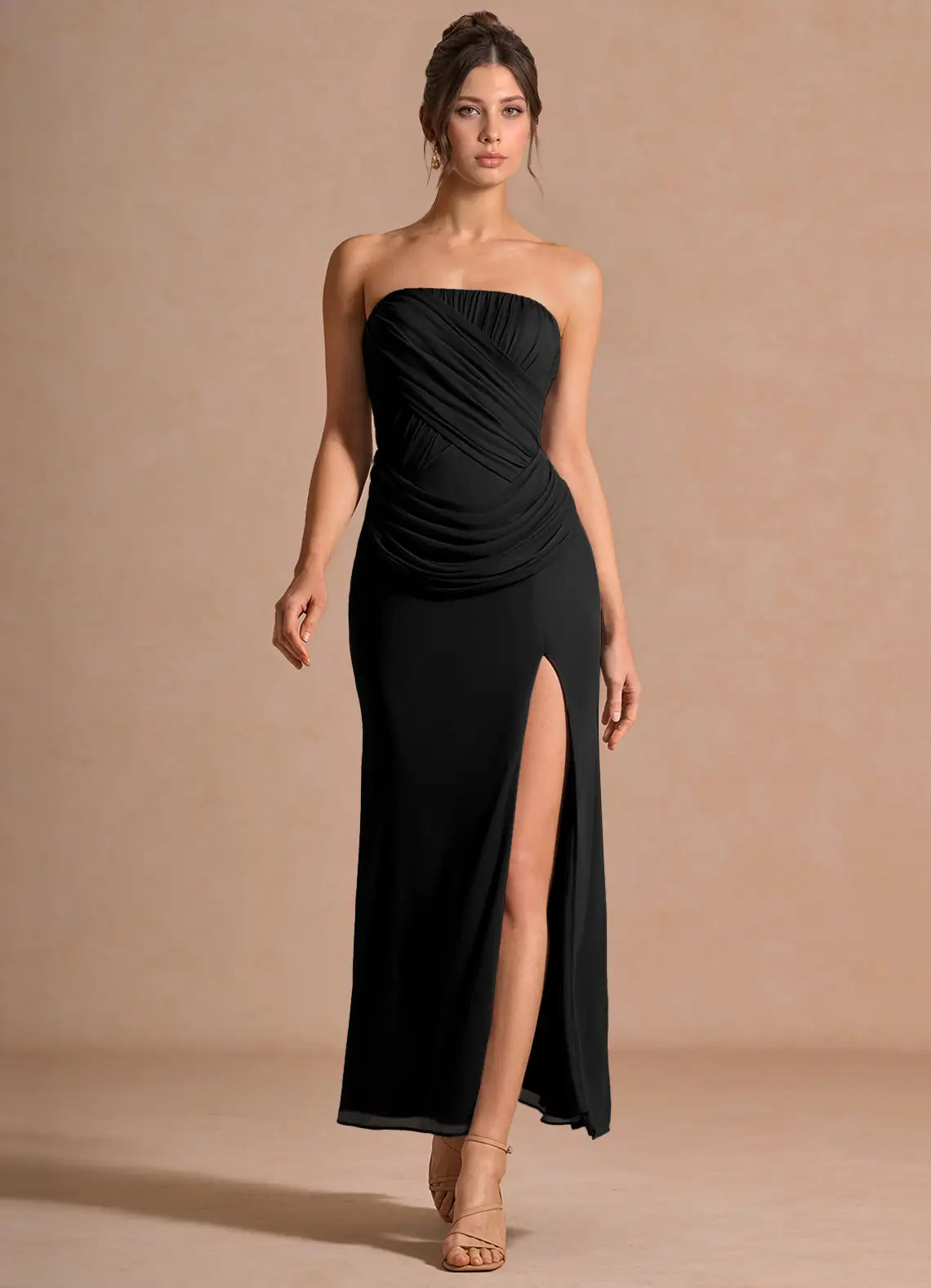 Black Strapless Chiffon High Slit Midi Wedding Dress - Yihuiw by Yihuiw