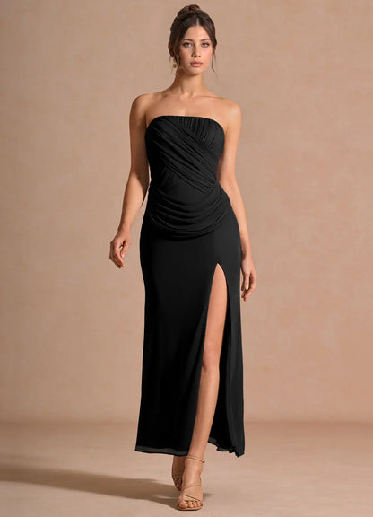 Black Strapless Chiffon High Slit Midi Wedding Dress - Yihuiw by Yihuiw