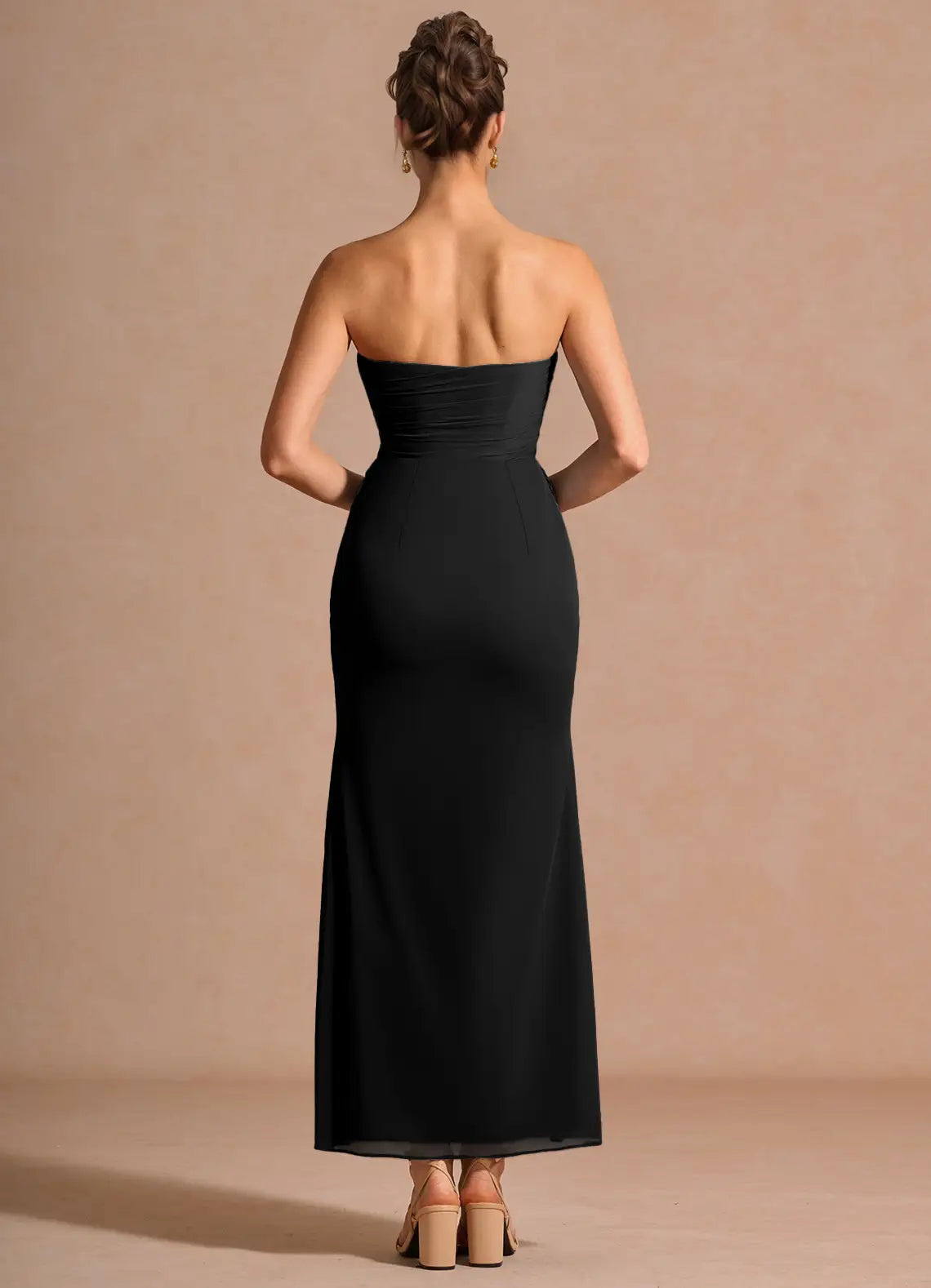 Black Strapless Chiffon High Slit Midi Wedding Dress - Yihuiw by Yihuiw