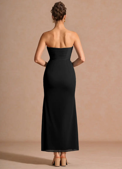 Black Strapless Chiffon High Slit Midi Wedding Dress - Yihuiw by Yihuiw