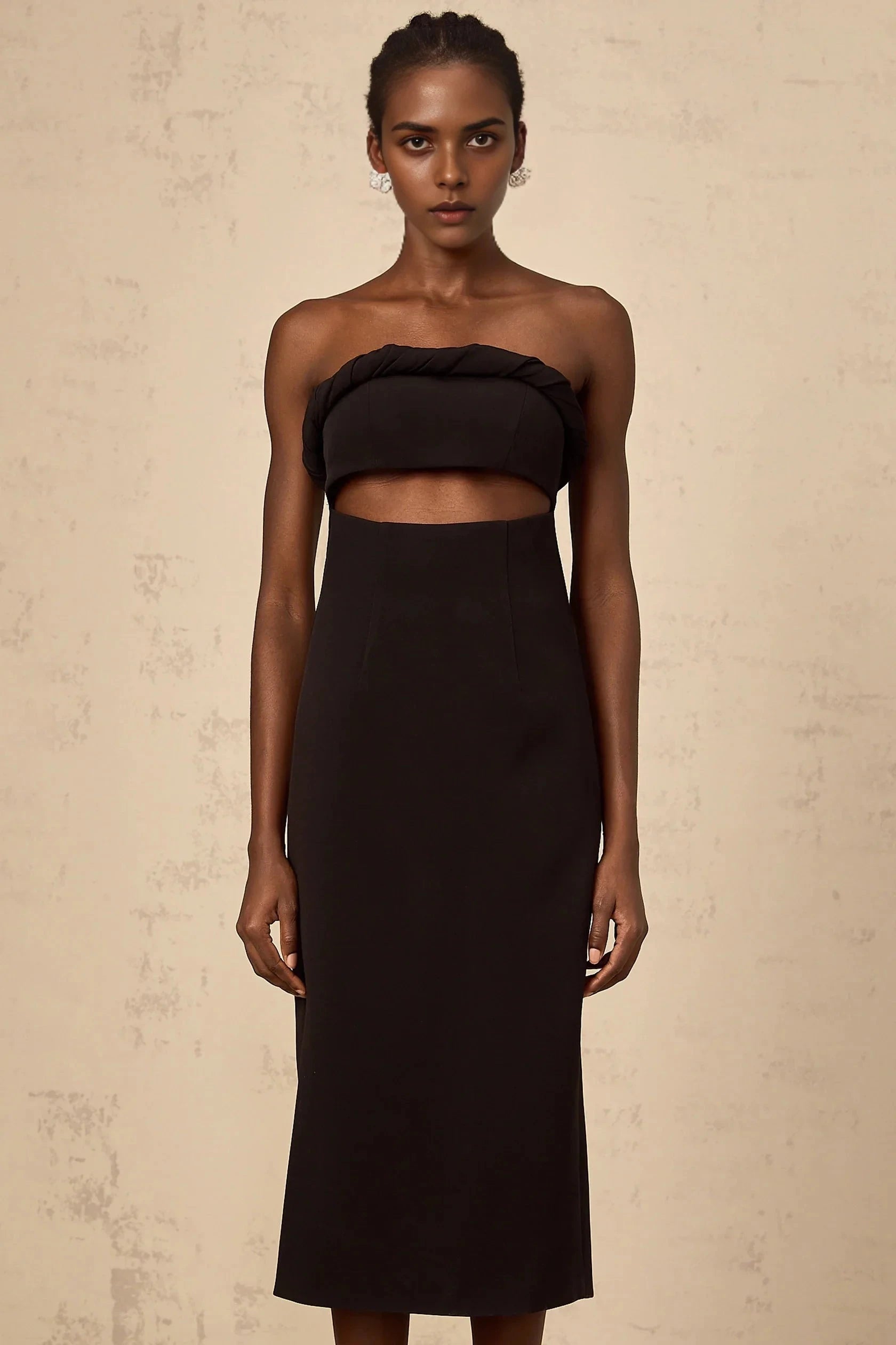 Black Strapless Cutout Midi Dress Florence black off-shoulder cut-out fitted midi dress Evening Dress by YiHuiw