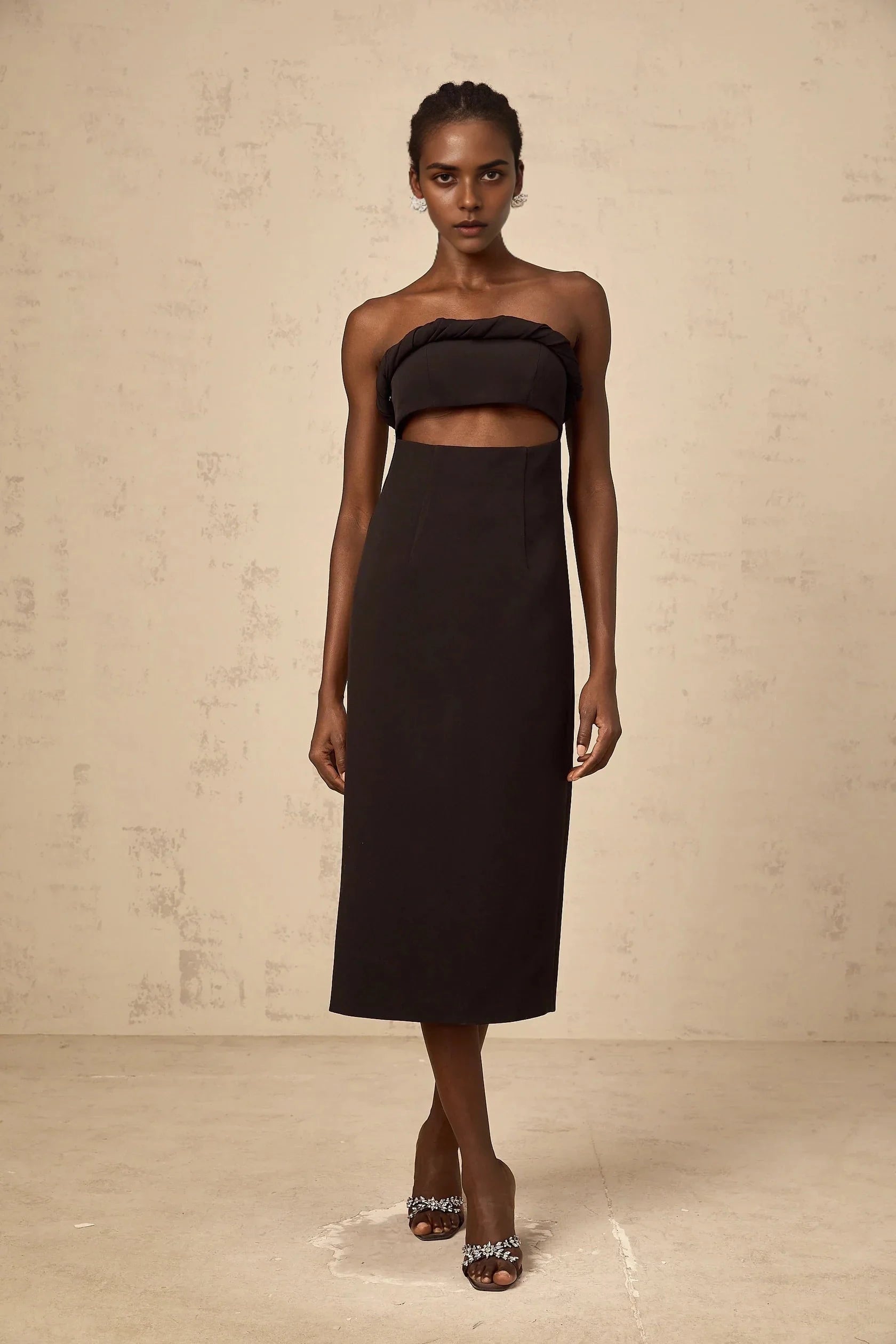 Black Strapless Cutout Midi Dress Florence black off-shoulder cut-out fitted midi dress Evening Dress by YiHuiw