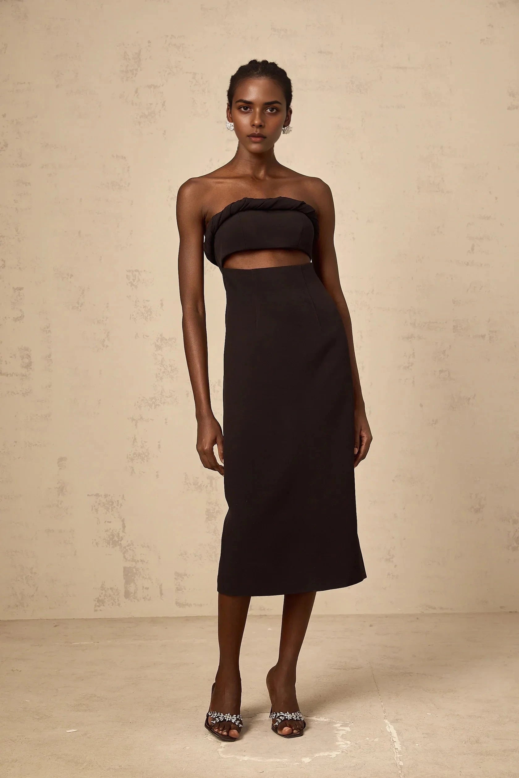 Black Strapless Cutout Midi Dress Florence black off-shoulder cut-out fitted midi dress Evening Dress by YiHuiw