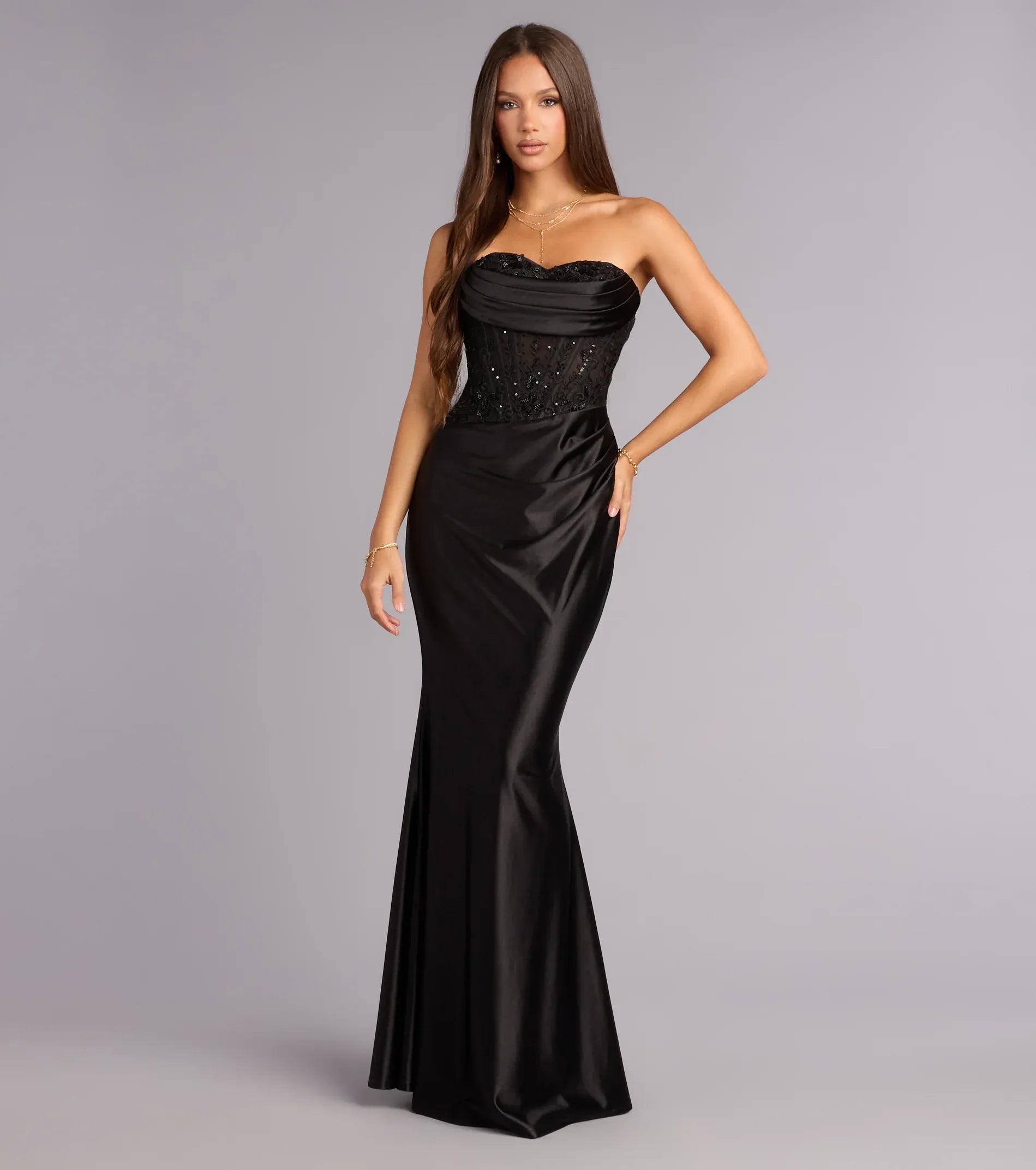 Black Mermaid Strapless Lace Lace-Up Back Draped Floor-Length Wedding Dress - Yihuiw by Yihuiw