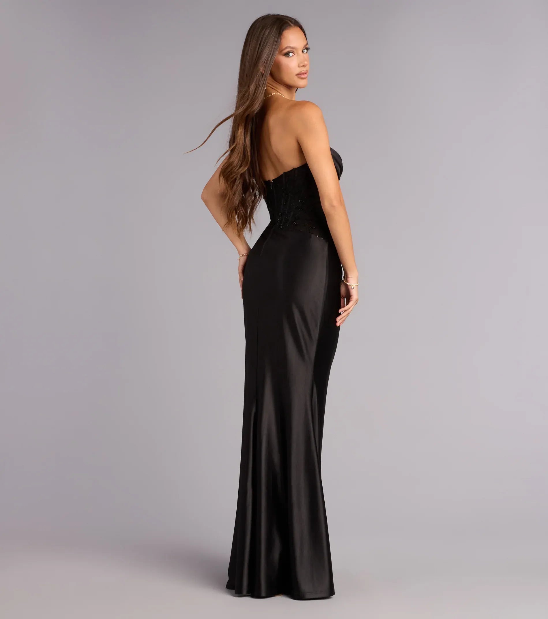 Black Mermaid Strapless Lace Lace-Up Back Draped Floor-Length Wedding Dress - Yihuiw by Yihuiw