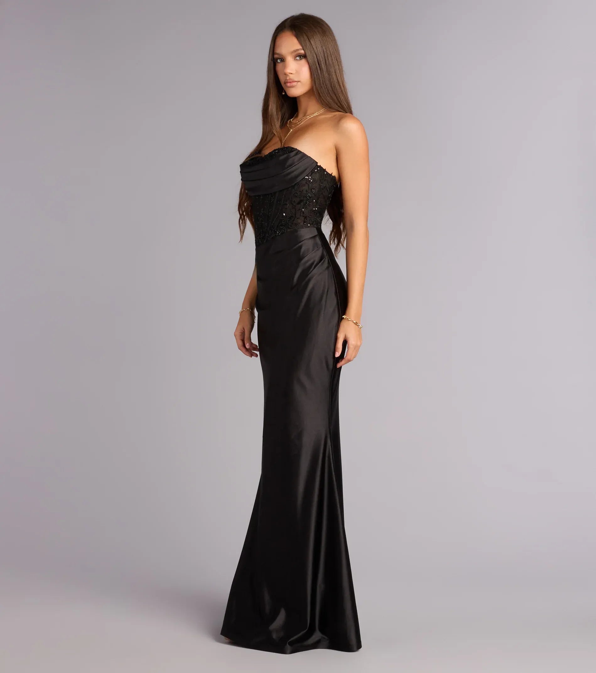 Black Mermaid Strapless Lace Lace-Up Back Draped Floor-Length Wedding Dress - Yihuiw by Yihuiw