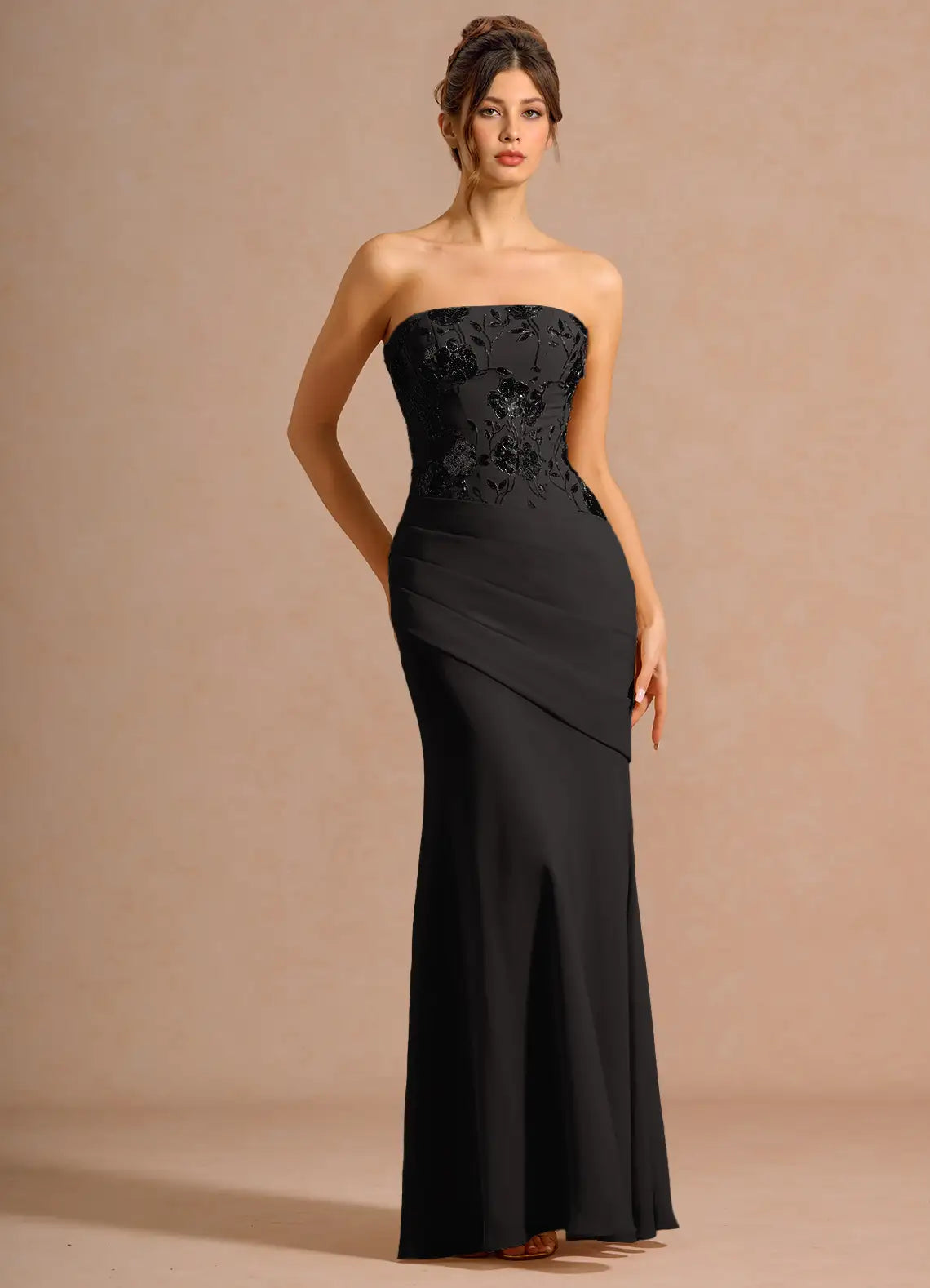 Black Mermaid Strapless Lace Lace-Up Back Ruched Floor-Length Wedding Dress - Yihuiw by Yihuiw