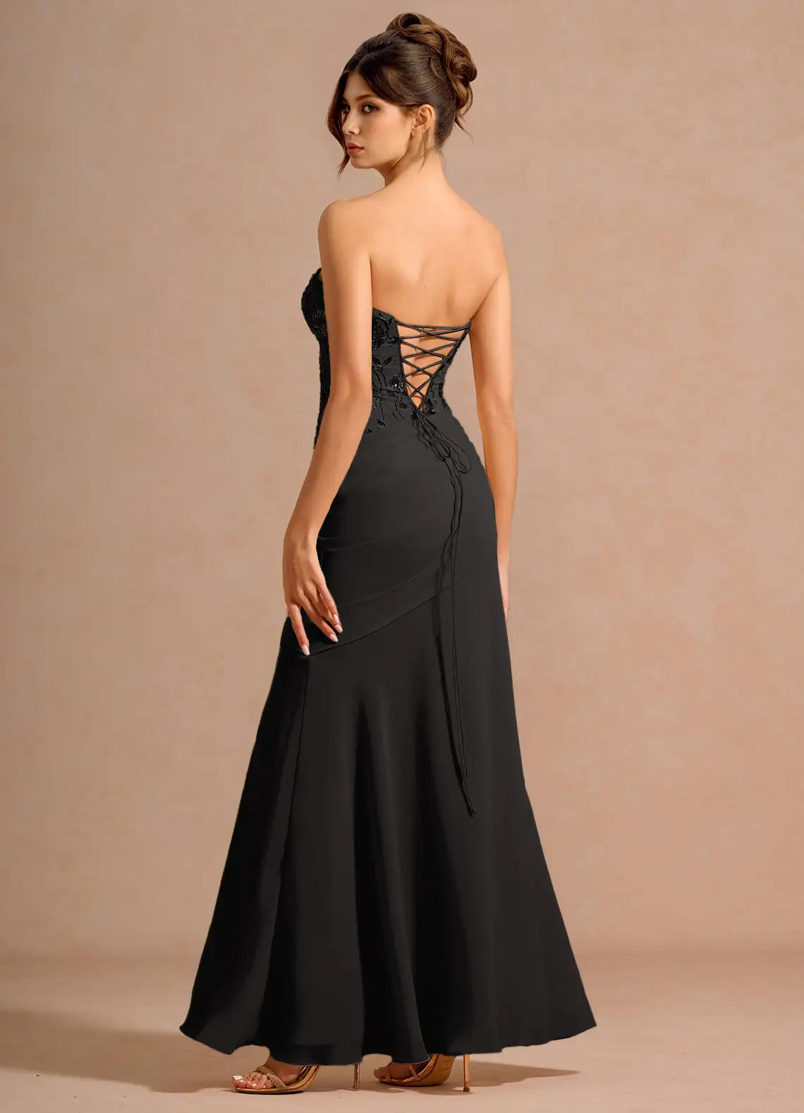 Black Mermaid Strapless Lace Lace-Up Back Ruched Floor-Length Wedding Dress - Yihuiw by Yihuiw